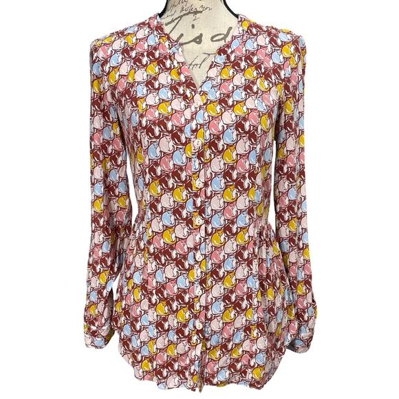 Modcloth Tops - ModCloth Women's Cat Print Button Up Top Cinched Tie Back Size Small 100% Rayon